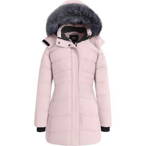 Women's Waterproof Winter Puffer Jacket Coat Pink Long Faux Detachable Hood